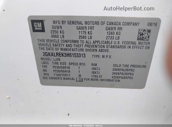2GKALREK3H6153313 2017 GMC TERRAIN White Շարժիչի բաժամունքի տեսք