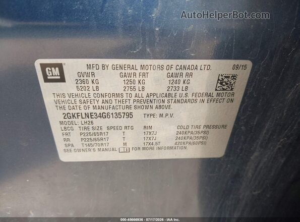 2GKFLNE34G6135795 2016 GMC TERRAIN Blue Շարժիչի բաժամունքի տեսք