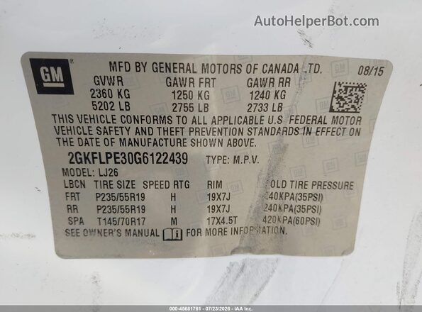 2GKFLPE30G6122439 2016 GMC TERRAIN White Widok komory silnika