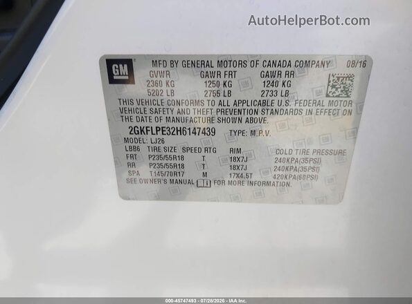 2GKFLPE32H6147439 2017 GMC TERRAIN White Вид підкапотного простору