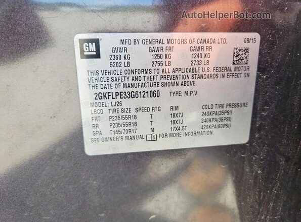 2GKFLPE33G6121060 2016 GMC TERRAIN Gray Вид наклейки з VIN-кодом