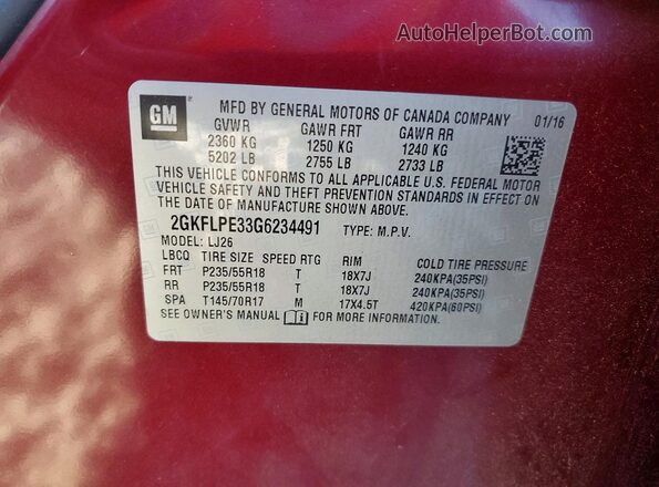 2GKFLPE33G6234491 2016 GMC TERRAIN Burgundy Widok wnętrza 360 stopni