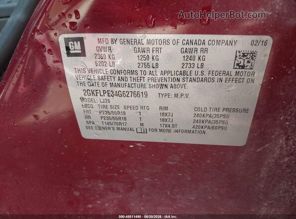 2GKFLPE34G6276619 2016 GMC TERRAIN Red Вид підкапотного простору