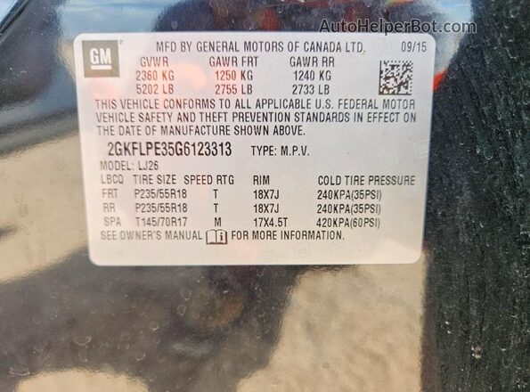 2GKFLPE35G6123313 2016 GMC TERRAIN Black Widok naklejki z numerem VIN