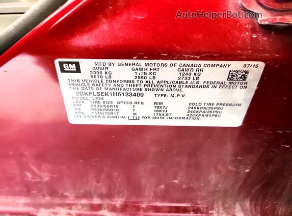 2GKFLSEK1H6133400 2017 GMC TERRAIN Темно-бордовый Вид наклейки с VIN-кодом