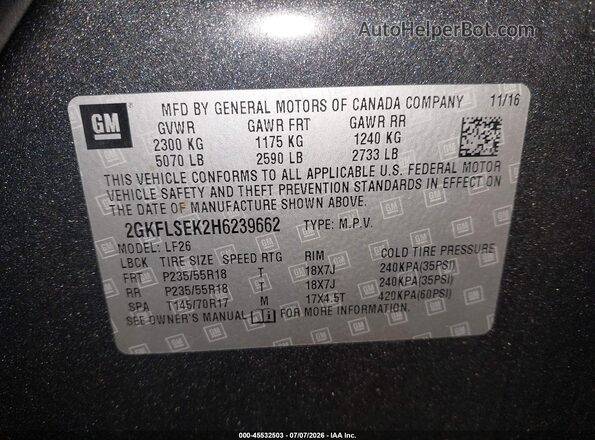 2GKFLSEK2H6239662 2017 GMC TERRAIN Gray Widok komory silnika