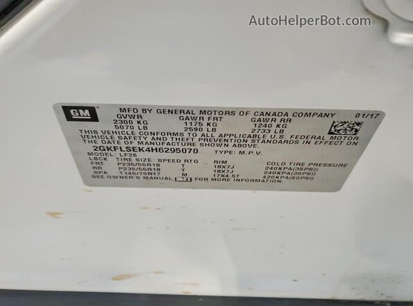 2GKFLSEK4H6295070 2017 GMC TERRAIN Белый Вид наклейки с VIN-кодом