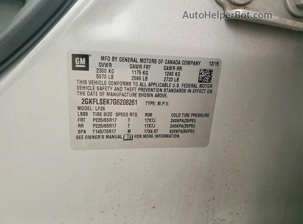2GKFLSEK7G6208261 2016 GMC TERRAIN Silver Vista de la etiqueta del VIN