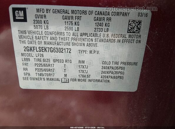 2GKFLSEK7G6302172 2016 GMC TERRAIN Red Engine compartment view
