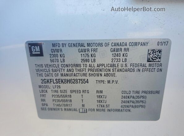2GKFLSEK8H6287554 2017 GMC TERRAIN White Widok naklejki z numerem VIN