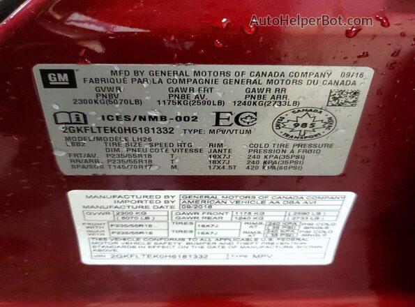 2GKFLTEK0H6181332 2017 GMC TERRAIN Burgundy Vista de la etiqueta del VIN