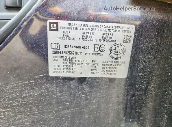 2GKFLTEK2G6218511 2016 GMC TERRAIN Charcoal Widok naklejki z numerem VIN