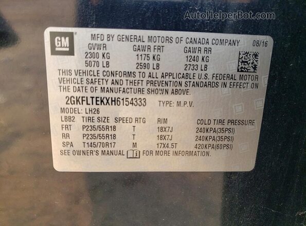 2GKFLTEKXH6154333 2017 GMC TERRAIN Black VIN კოდის სტიკერის ხედი