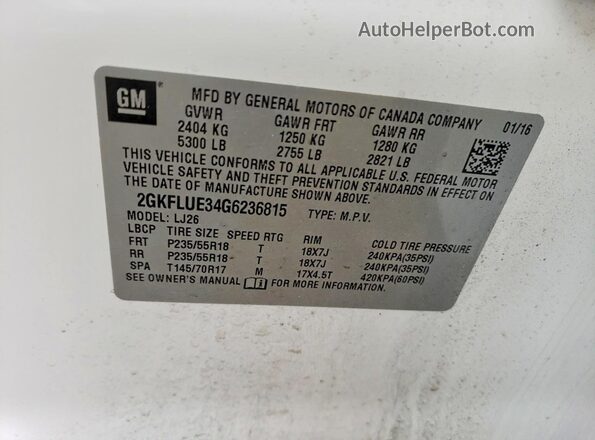 2GKFLUE34G6236815 2016 GMC TERRAIN White VIN კოდის სტიკერის ხედი