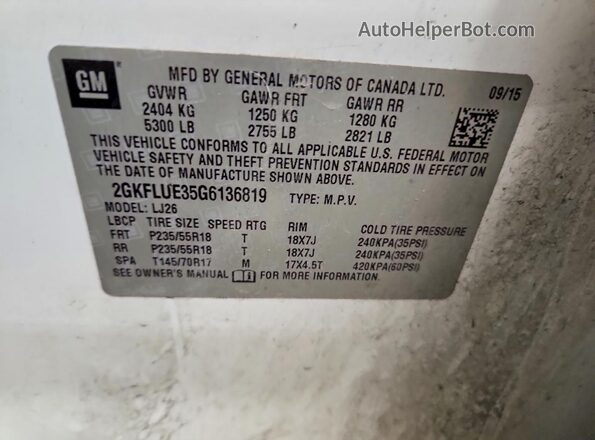 2GKFLUE35G6136819 2016 GMC TERRAIN Белый Вид наклейки с VIN-кодом