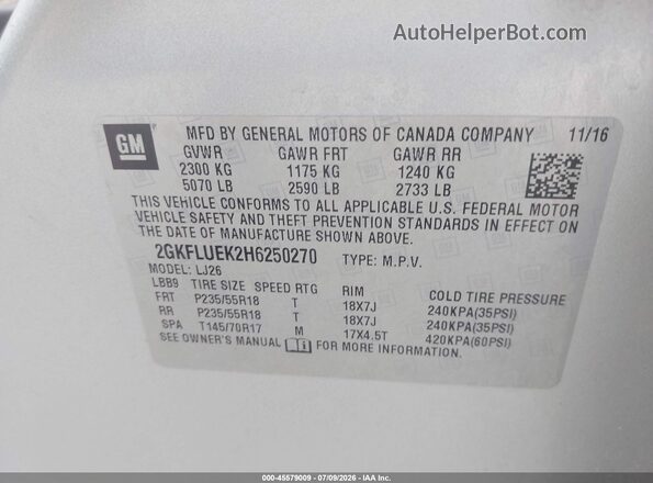 2GKFLUEK2H6250270 2017 GMC TERRAIN Silver Вид підкапотного простору