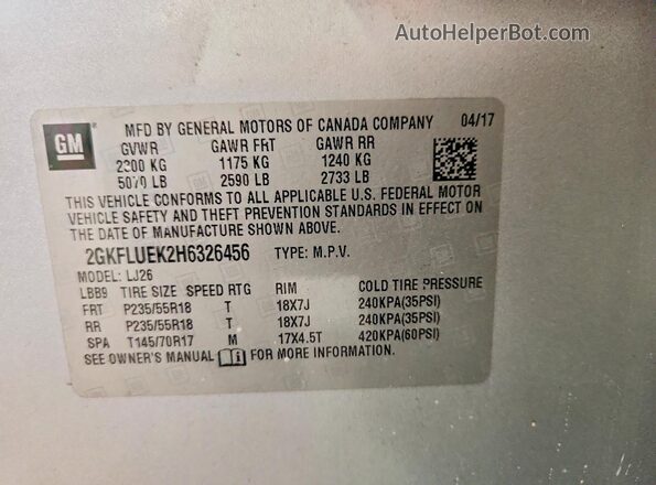 2GKFLUEK2H6326456 2017 GMC TERRAIN Gray Vista de la etiqueta del VIN