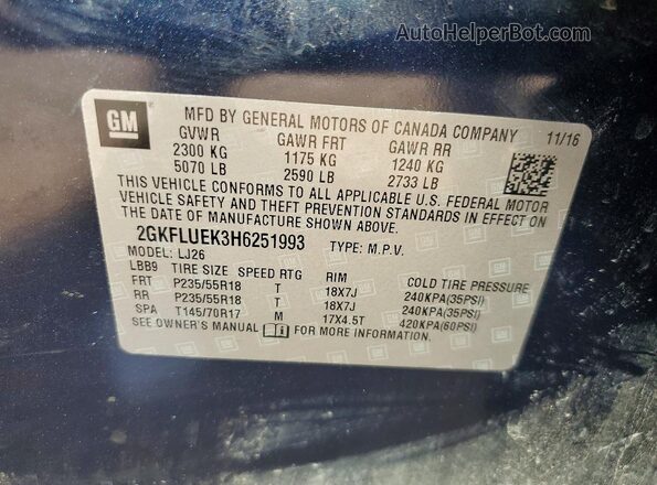 2GKFLUEK3H6251993 2017 GMC TERRAIN Синий Вид наклейки с VIN-кодом