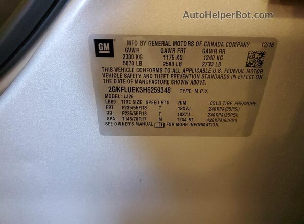2GKFLUEK3H6259348 2017 GMC TERRAIN Silver Vista de la etiqueta del VIN