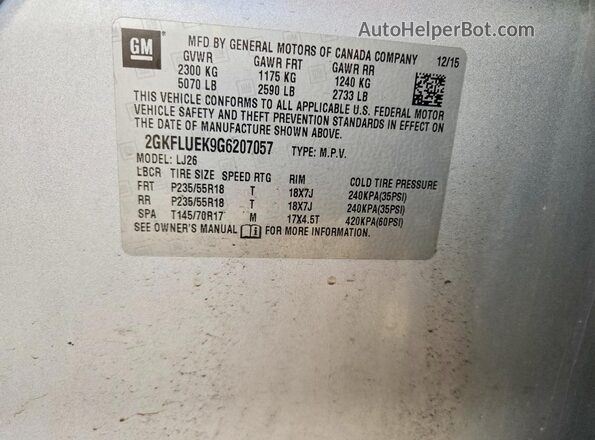 2GKFLUEK9G6207057 2016 GMC TERRAIN Silver Вид наклейки з VIN-кодом