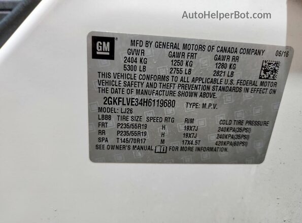 2GKFLVE34H6119680 2017 GMC TERRAIN White VIN կոդի պիտակի տեսք