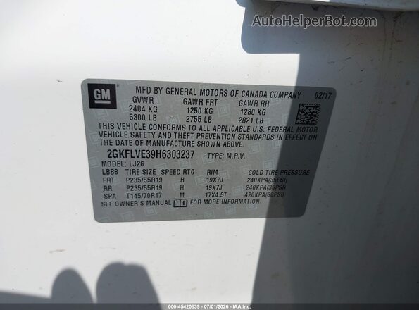 2GKFLVE39H6303237 2017 GMC TERRAIN White Vista del compartimento del motor
