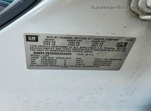 2GKFLVE3XG6203260 2016 GMC TERRAIN White VIN կոդի պիտակի տեսք