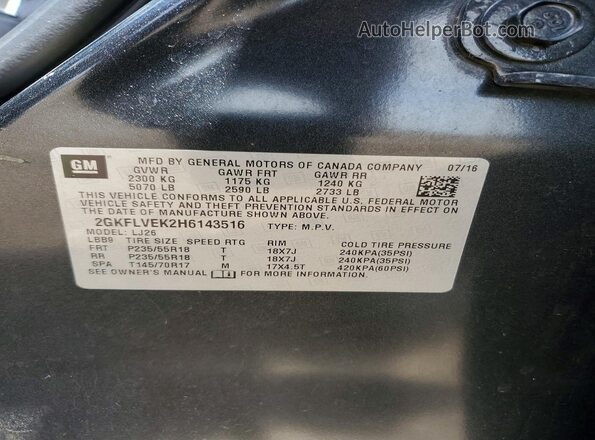 2GKFLVEK2H6143516 2017 GMC TERRAIN Gray Vista de la etiqueta del VIN