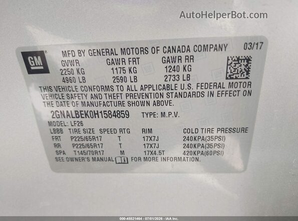 2GNALBEK0H1584859 2017 CHEVROLET EQUINOX Silver Вид підкапотного простору