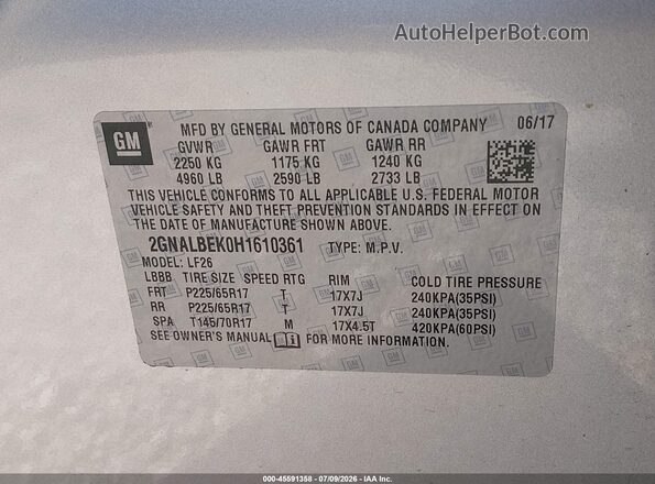 2GNALBEK0H1610361 2017 CHEVROLET EQUINOX Silver Widok komory silnika