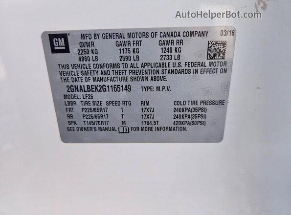 2GNALBEK2G1165149 2016 CHEVROLET EQUINOX White 360 interior view
