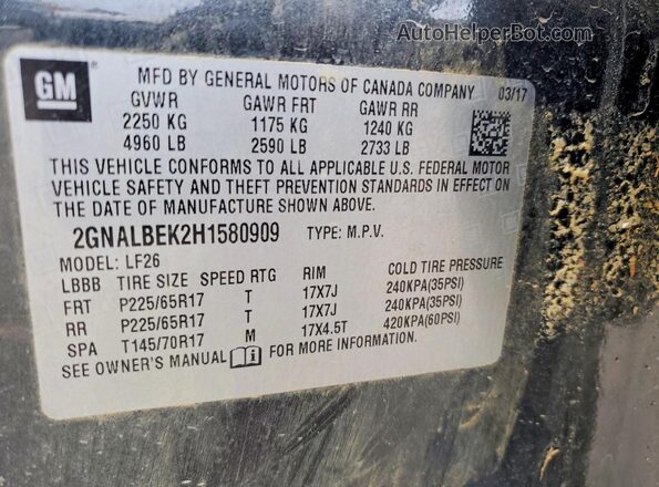 2GNALBEK2H1580909 2017 CHEVROLET EQUINOX Gray VIN կոդի պիտակի տեսք