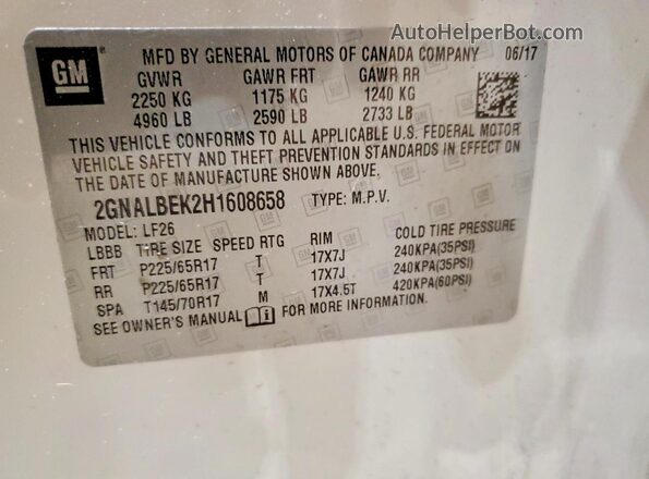 2GNALBEK2H1608658 2017 CHEVROLET EQUINOX White VIN sticker view