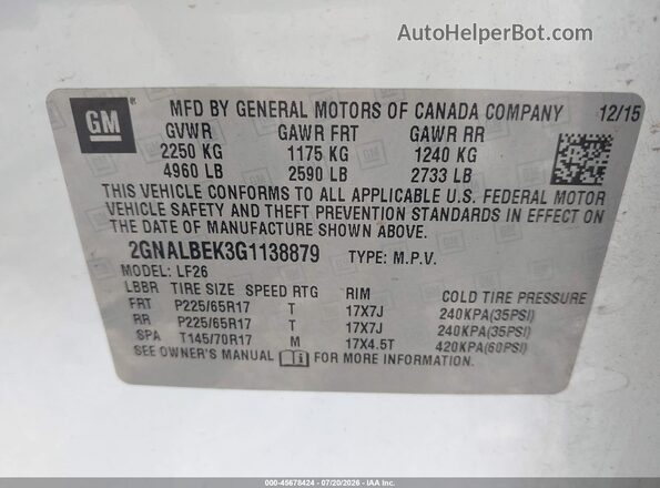 2GNALBEK3G1138879 2016 CHEVROLET EQUINOX White ძრავის განყოფილების ხედი