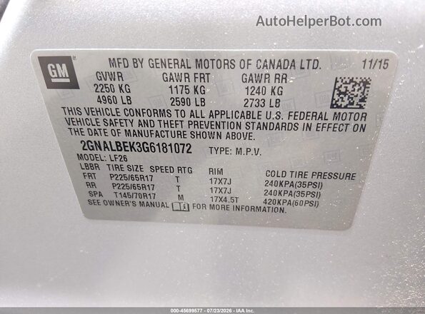 2GNALBEK3G6181072 2016 CHEVROLET EQUINOX Silver ძრავის განყოფილების ხედი