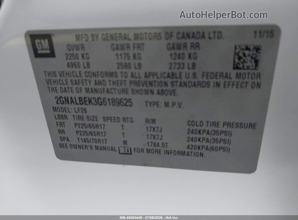 2GNALBEK3G6189625 2016 CHEVROLET EQUINOX White Engine compartment view