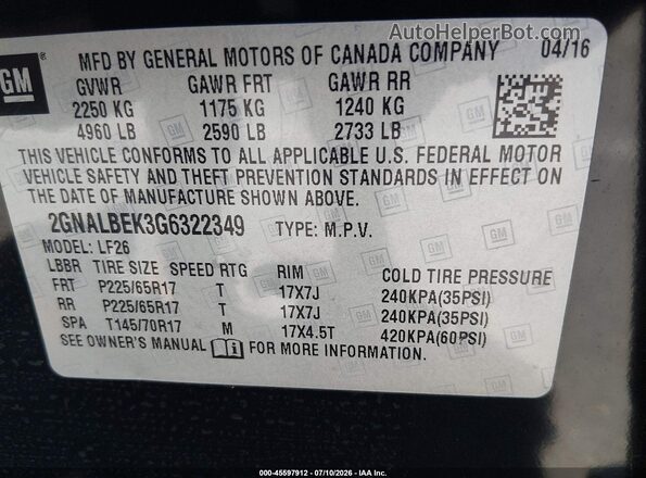 2GNALBEK3G6322349 2016 CHEVROLET EQUINOX Black Vista del compartimento del motor