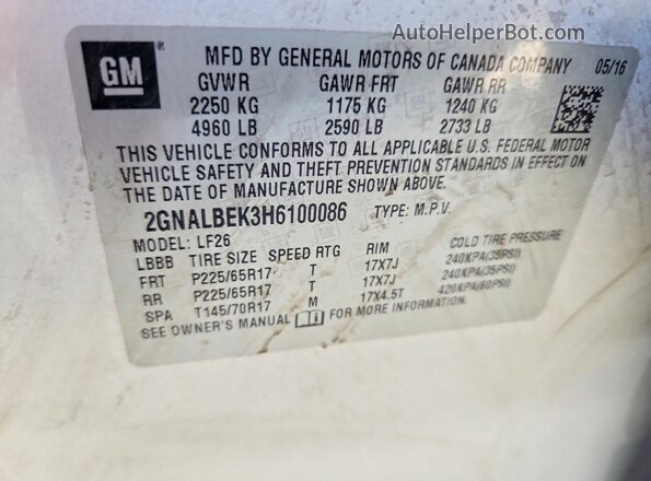 2GNALBEK3H6100086 2017 CHEVROLET EQUINOX Silver Вид наклейки з VIN-кодом