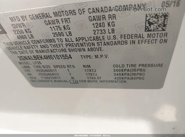 2GNALBEK4H6101554 2017 CHEVROLET EQUINOX White Vista del compartimento del motor