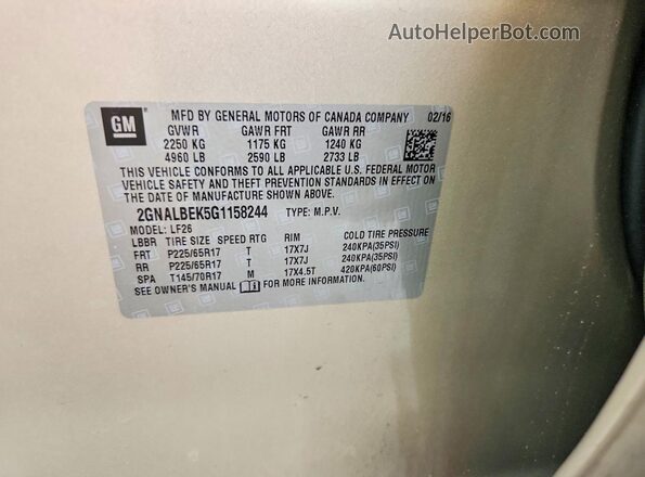 2GNALBEK5G1158244 2016 CHEVROLET EQUINOX Beige Вид наклейки з VIN-кодом