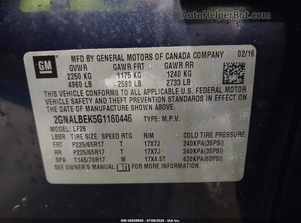 2GNALBEK5G1160446 2016 CHEVROLET EQUINOX Navy Вид подкапотного пространства