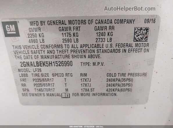 2GNALBEK5H1526990 2017 CHEVROLET EQUINOX Silver Widok komory silnika
