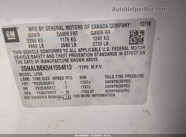 2GNALBEK5H1554613 2017 CHEVROLET EQUINOX Silver ძრავის განყოფილების ხედი