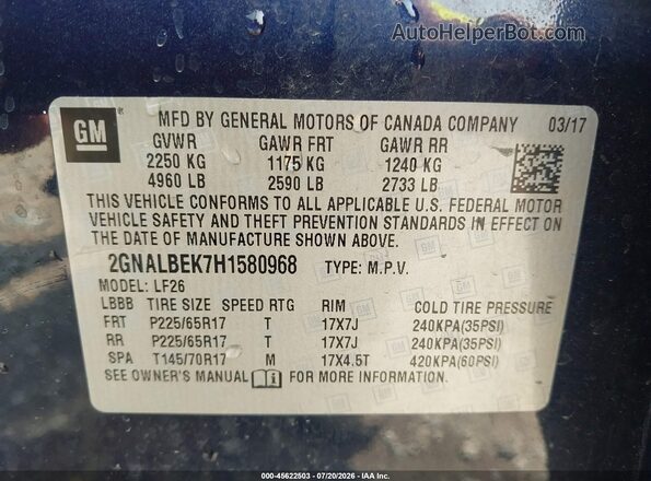 2GNALBEK7H1580968 2017 CHEVROLET EQUINOX Dark Blue Widok komory silnika