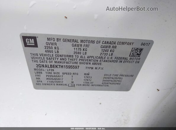 2GNALBEK7H1595597 2017 CHEVROLET EQUINOX White Շարժիչի բաժամունքի տեսք