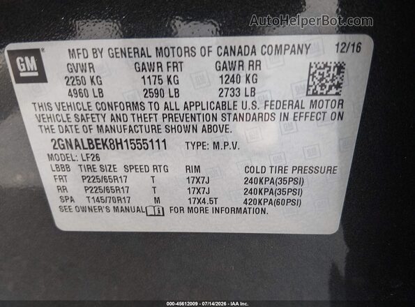 2GNALBEK8H1555111 2017 CHEVROLET EQUINOX Gray Vista del compartimento del motor
