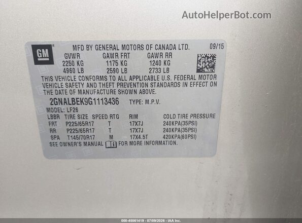 2GNALBEK9G1113436 2016 CHEVROLET EQUINOX Gold ძრავის განყოფილების ხედი