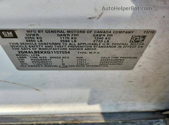 2GNALBEKXG1137034 2016 CHEVROLET EQUINOX White Vista de la etiqueta del VIN