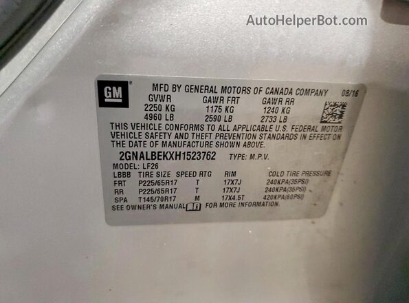2GNALBEKXH1523762 2017 CHEVROLET EQUINOX Silver VIN կոդի պիտակի տեսք