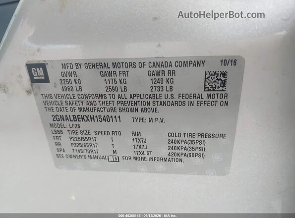 2GNALBEKXH1540111 2017 CHEVROLET EQUINOX Gray ძრავის განყოფილების ხედი